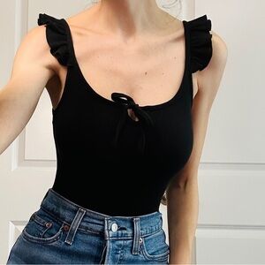 Forever 21 Black Ribbed Bodysuit with Ruffle Shoulders
